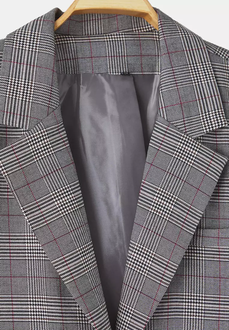 Multicolored Plaid/Checked Single Button Regular Woven Plus Size Jacket