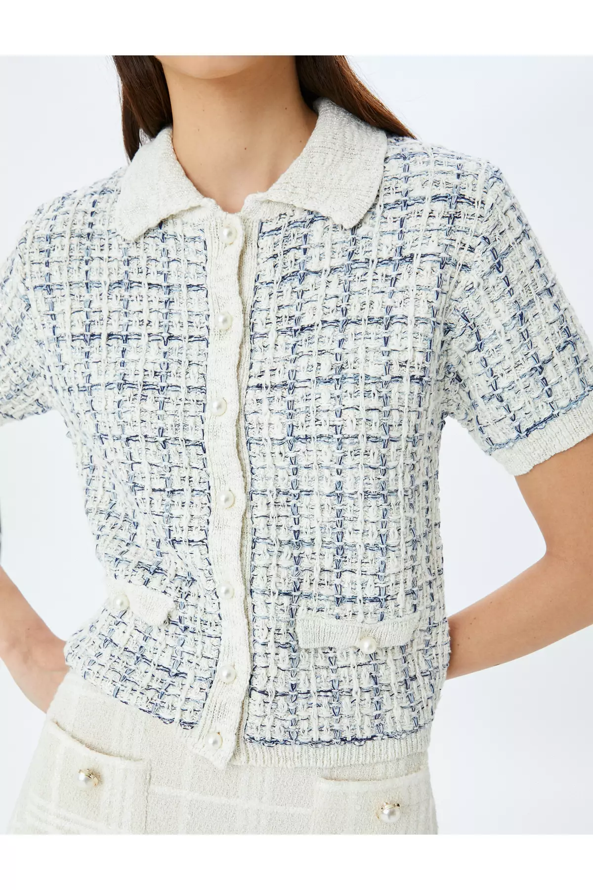 Short Sleeve Polo Neck Knitted Cardigan With Pearl Button Detail