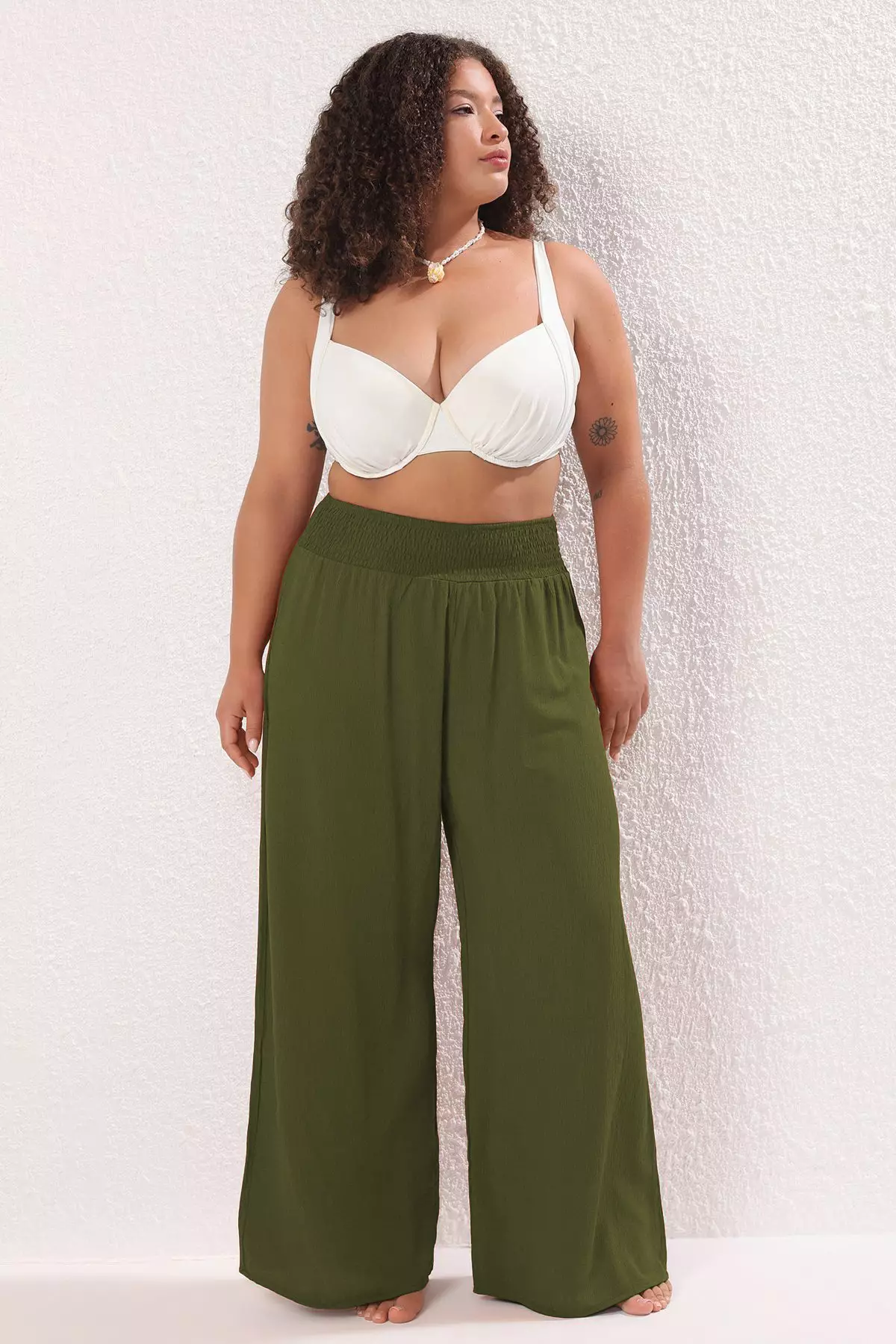 Khaki Wide Leg High Waist Beach Wear Plus Size Pants Tbbss25Ar00000