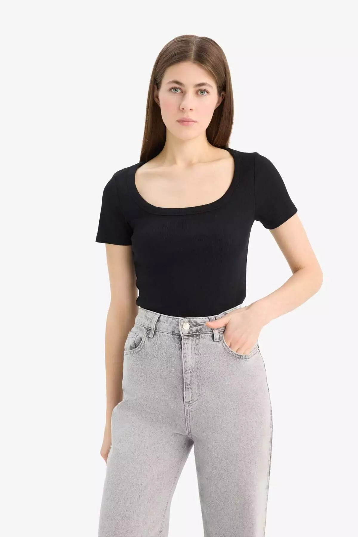 Slim Fit Tight Fit Crew Neck Basic Plain Ribbed Camisole Short Sleeve Black T-Shirt F0684Ax25Sp
