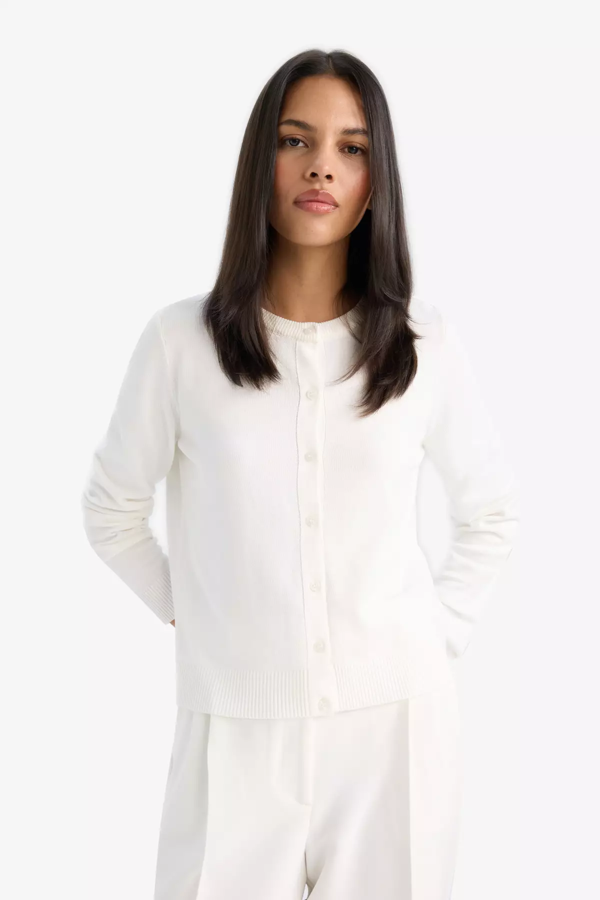 Regular Fit Crew Neck Basic Plain Buttoned Knitwear Cardigan D6282Ax25Sp