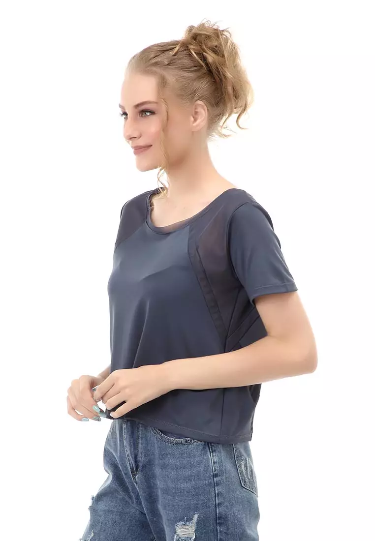 Baju Olahraga Kaos Sport Wanita Short Sleeve Absorb Sweat Kombinasi Jaring Material Polyester ORIGINAL - Grey