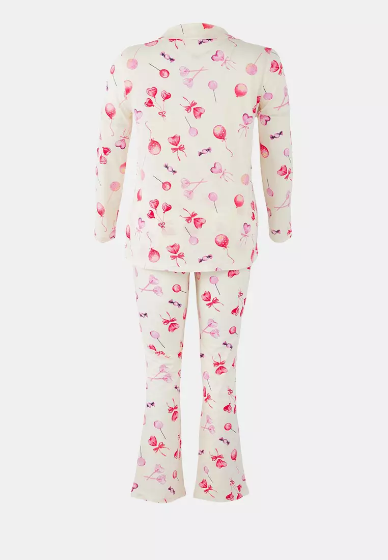 Ecru 100% Cotton Heart Patterned Shirt-Pants Knitted Pajama Set Tbbaw26Ai00017