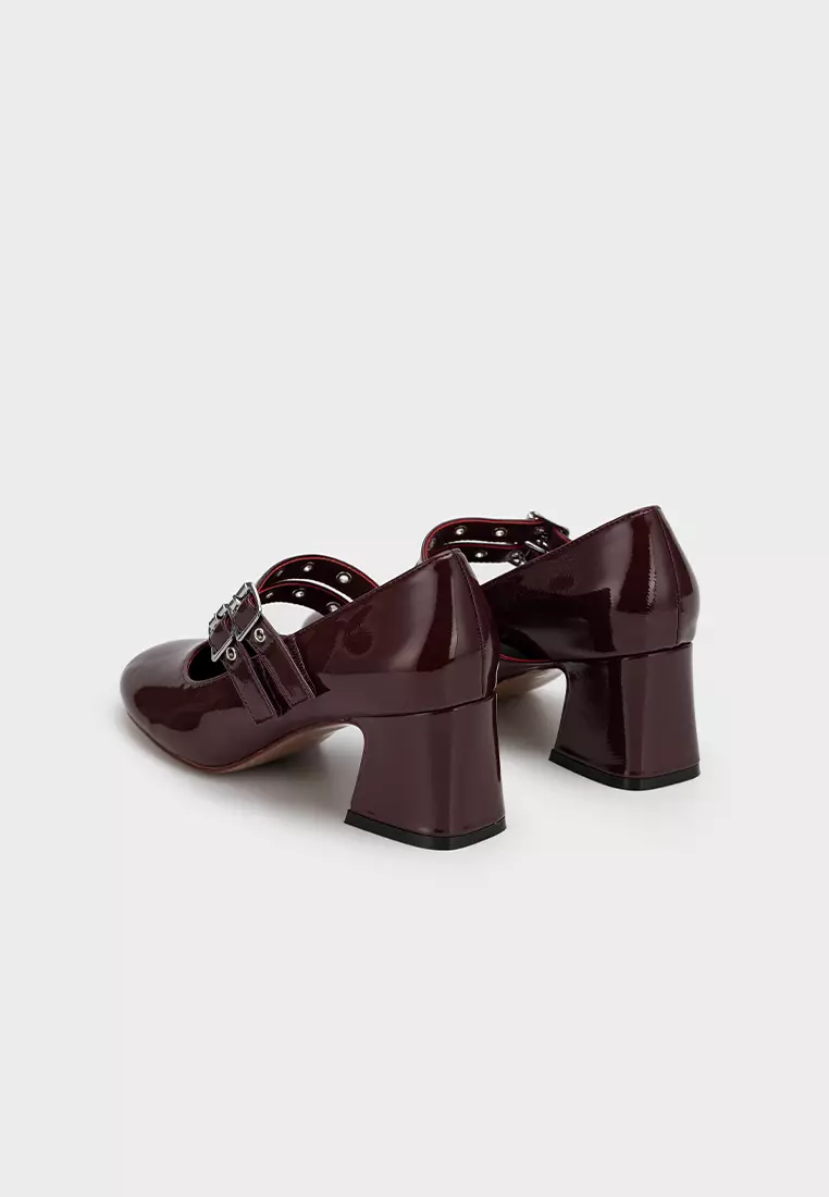 PATENT DOUBLE BUCKLE MARY JANE BLOCK HEEL PUMPS 饰扣圆頭粗跟鞋
