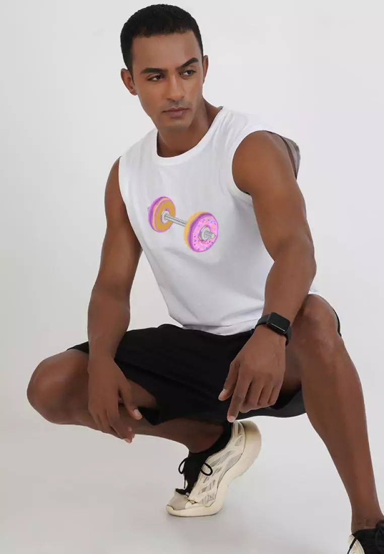 甜甜圈杠铃图案白色棉质无袖健身/训练背心