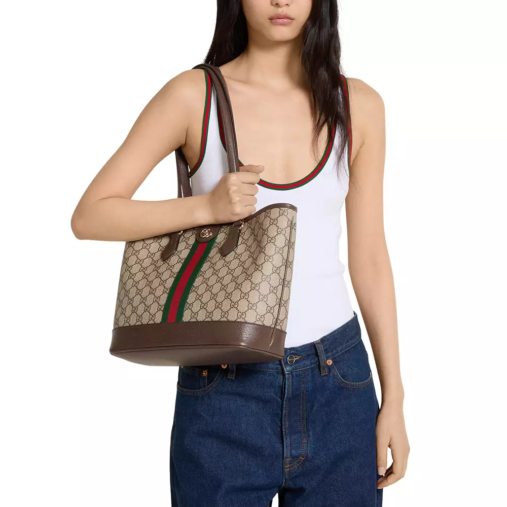 Ophidia Medium Tote Bag GG Monogram Beige Dark Brown