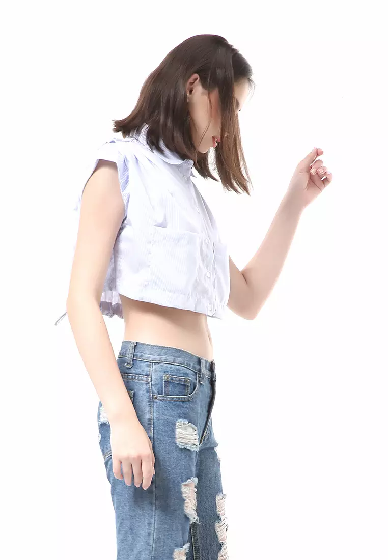 Brielle Atasan Wanita Model Serut Drawstring Top Lengan Pendek Material Cotton ORIGINAL - Blue