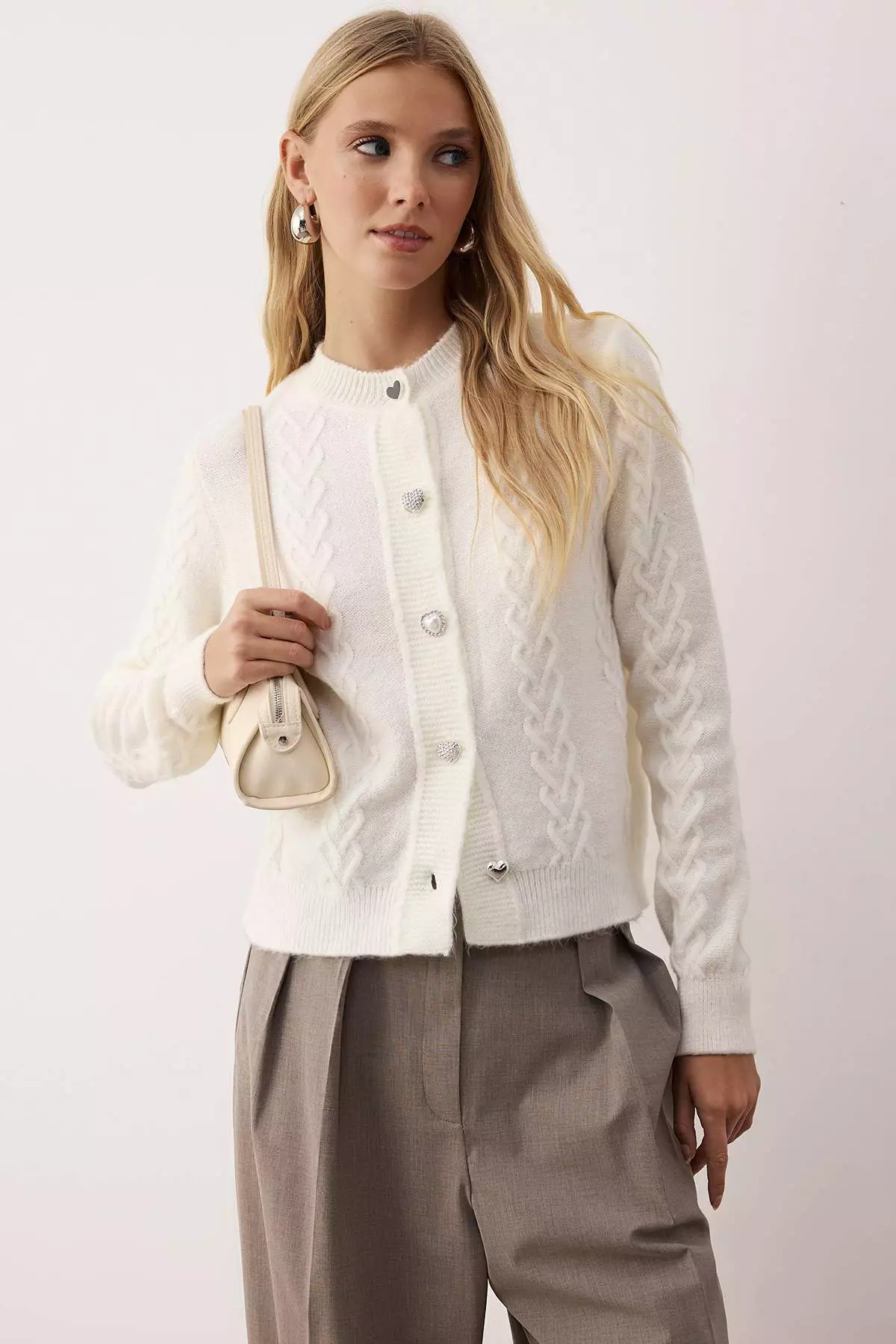 Ecru Knit Button Detailed Soft Textured Knitwear Cardigan