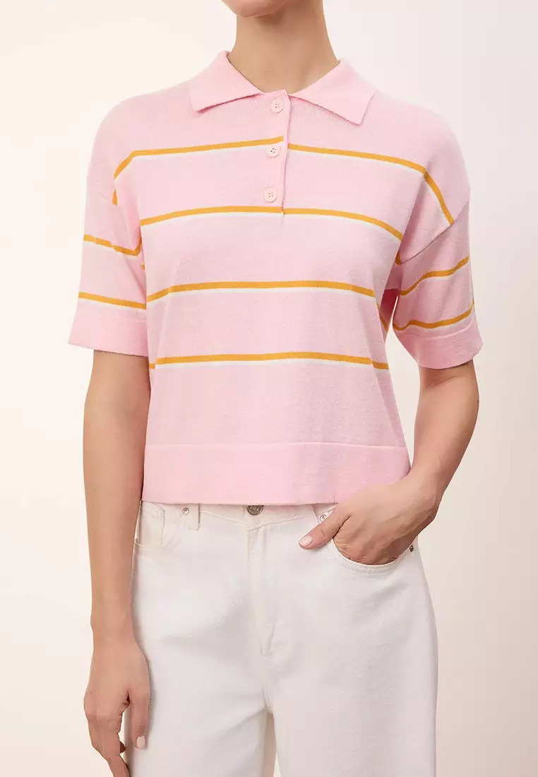 Pink Wardrobe Essentials Summer Yarn Ç Striped Polo Neck Knitwear Blouse Twoss26Bz127