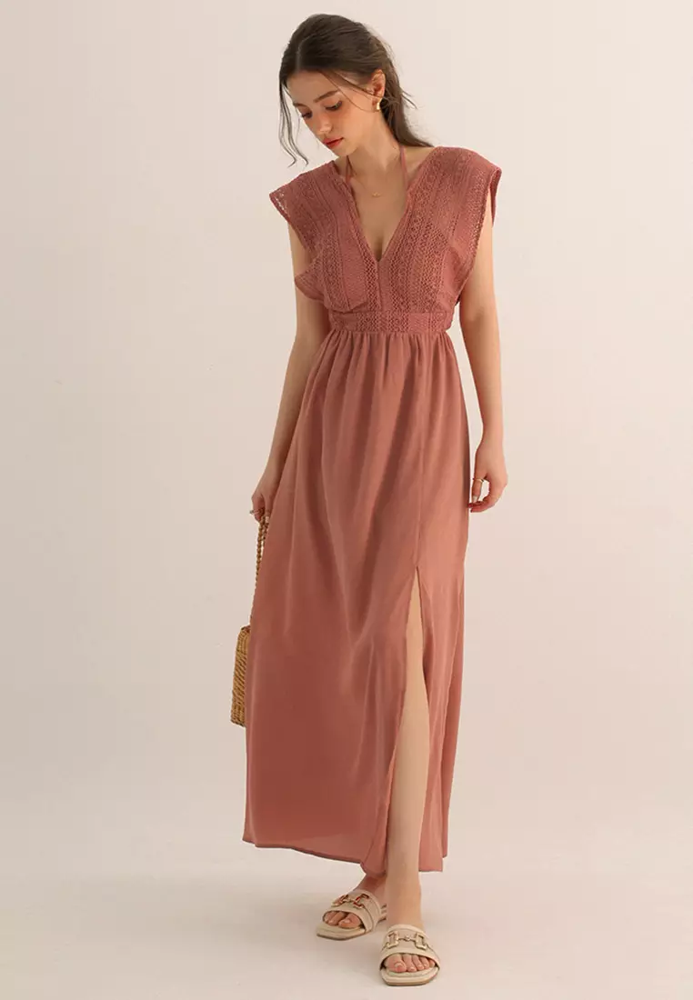 Open Back Padded Lace Maxi Dress