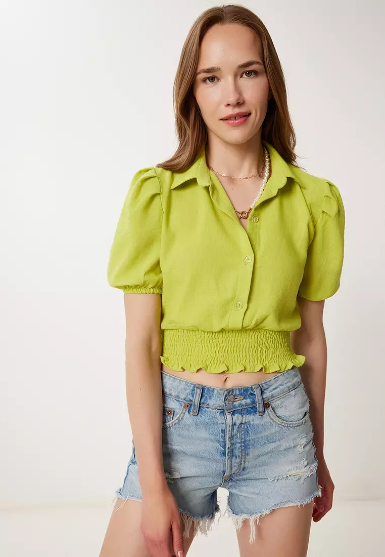 Women's Oil Green Balloon Sleeve Linen Crop Shirt Blouse Tp00081