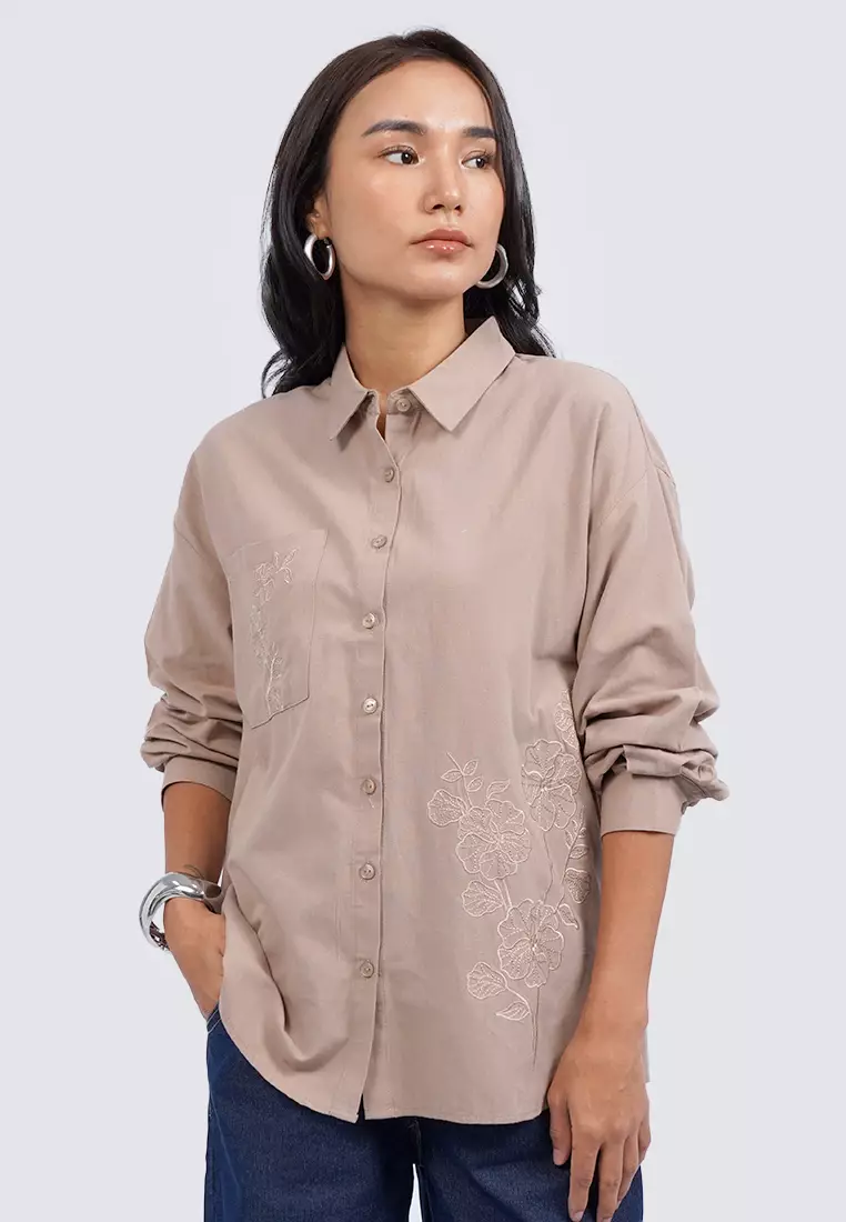 Embroidered Long Sleeve Blouse BROWN