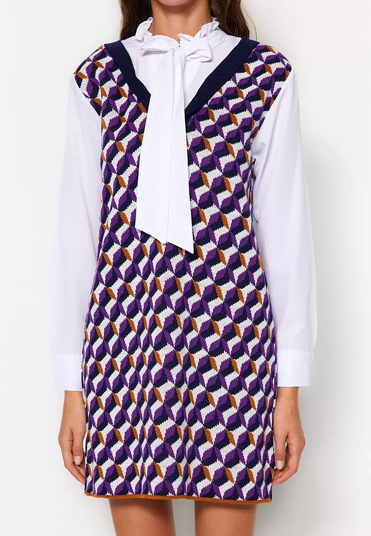 Purple Mini Knitwear Patterned Dress