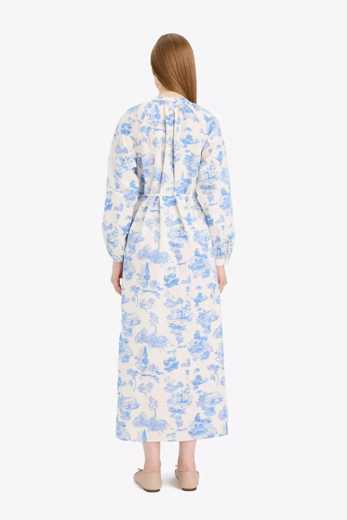 寬鬆剪裁圓領花卉府綢綁帶長袖長裙 F4554Ax25Hs