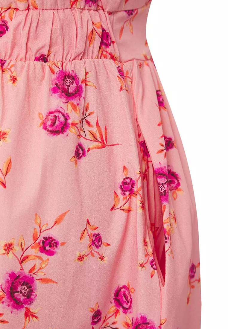 Pink Floral Poplin 100% Cotton Bebe Collar Midi Woven Large Size Dress Tbbss25Ah00158