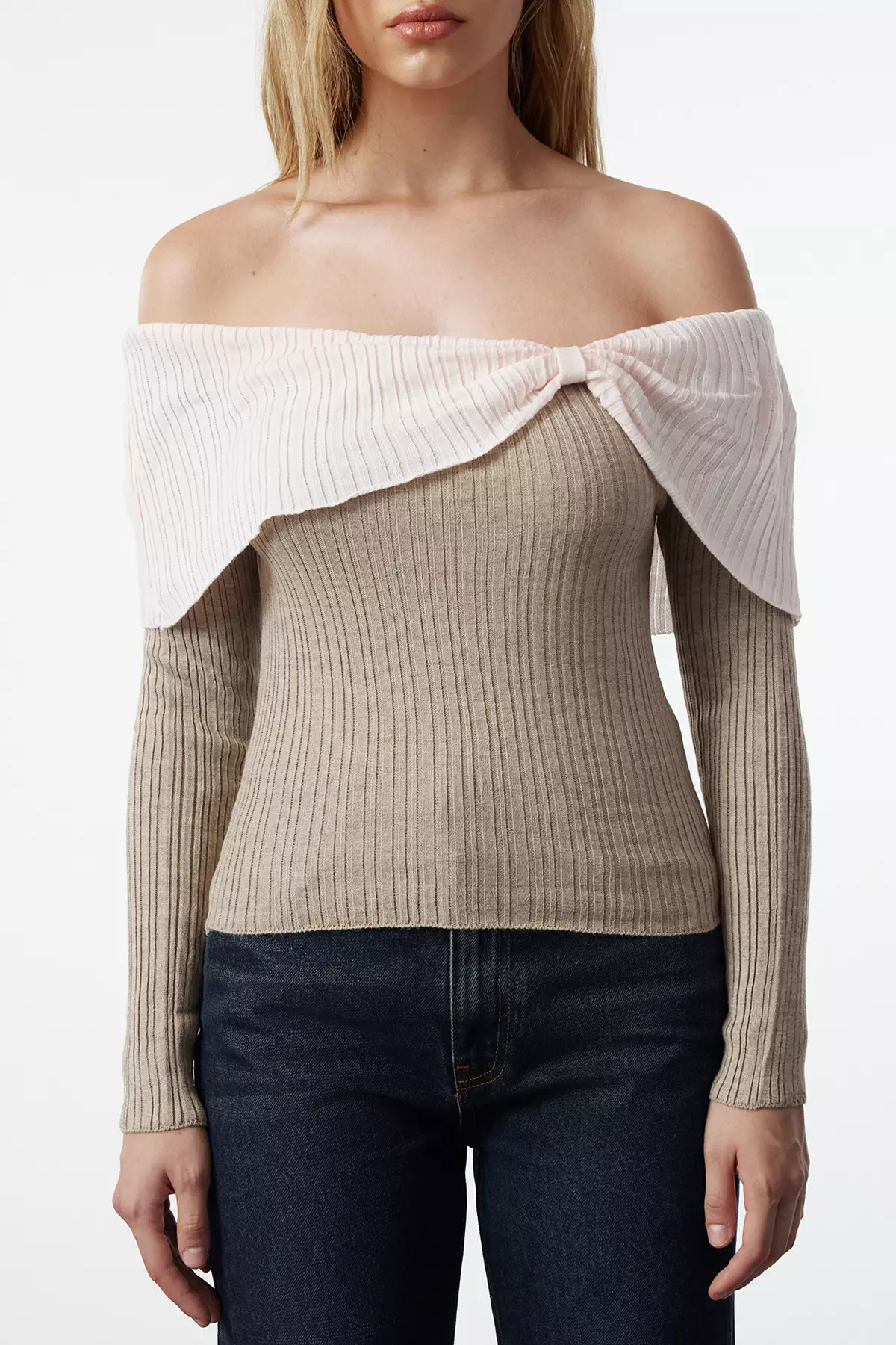 Mink Carmen Collar Color Block Knitwear Sweater TWOAW25KZ00170