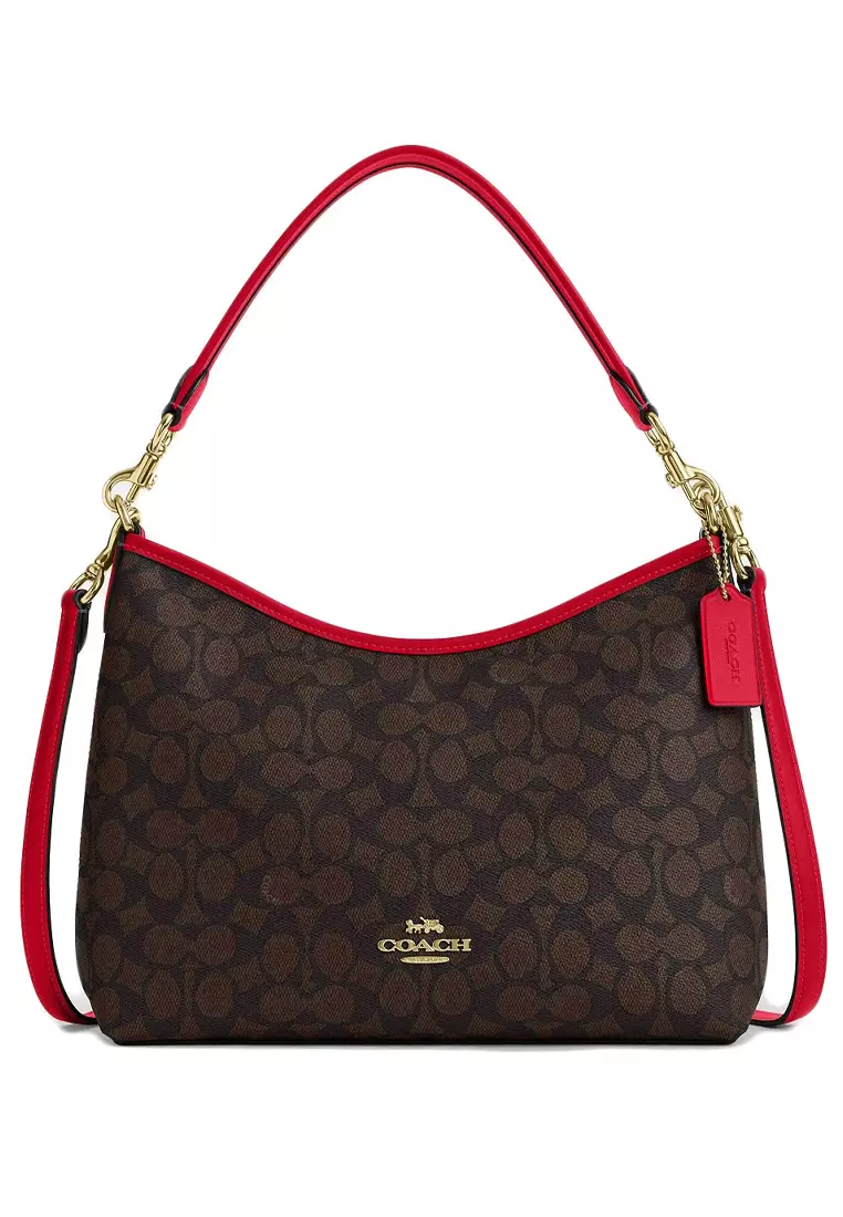 Laurel Shoulder Bag In Signature Canvas - Walnut/Bold Red