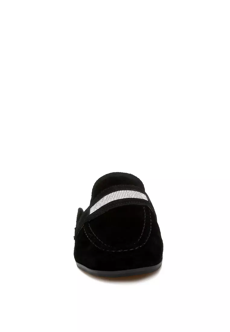 Rhinestone Strap Suede Mules in Black