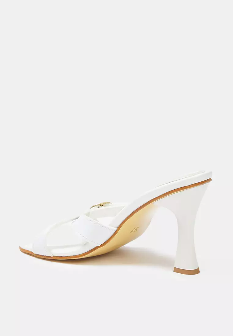 White Gold Buckle Square Toe Women Heels Slippers Takss25To00035