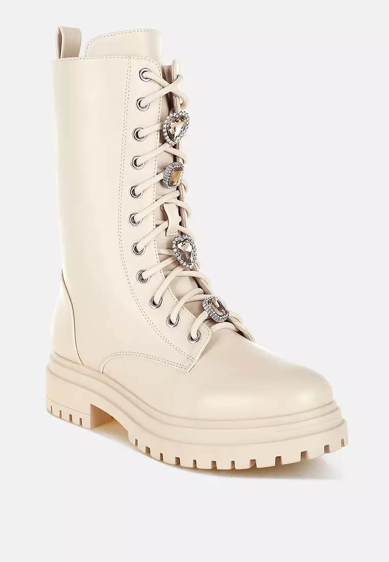 Rhinestone jewelled Chunky Boots in Beige