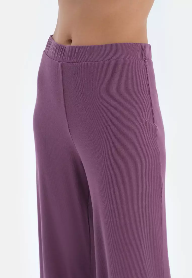 Purple T-Shirt & Trousers, V-Neck, Regular, Long Sleeve Sleepwear for Women