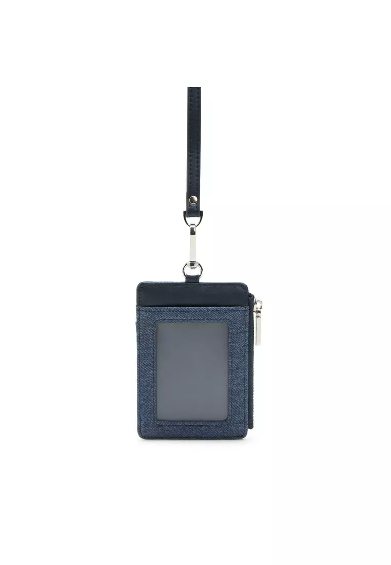 Tracey Denim Textured Zipper Card Holder with Lanyard