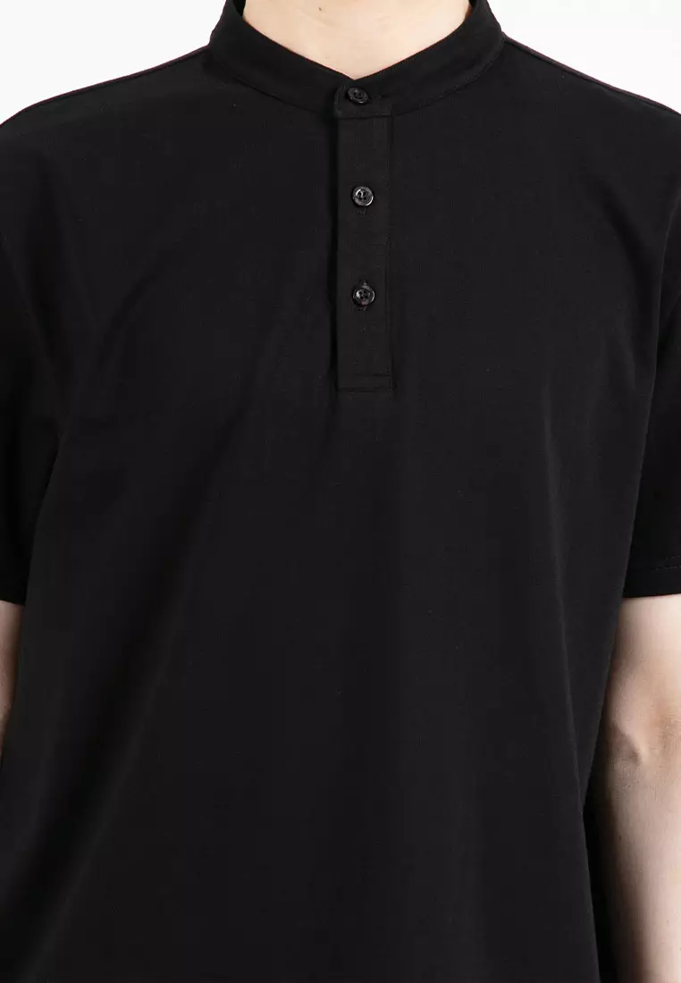 Forest Premium Weight Cotton Stretchable Mandarin Collar T Shirt Men Slim Fit Tee | 23856-01Black