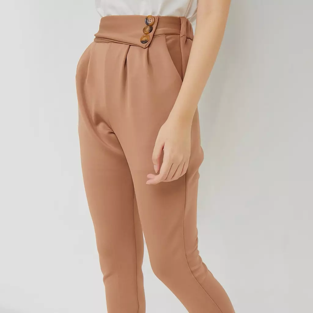 MAYONETTE Fiana Highwaist Pants - Celana Bahan Wanita Korean Style - Mocca
