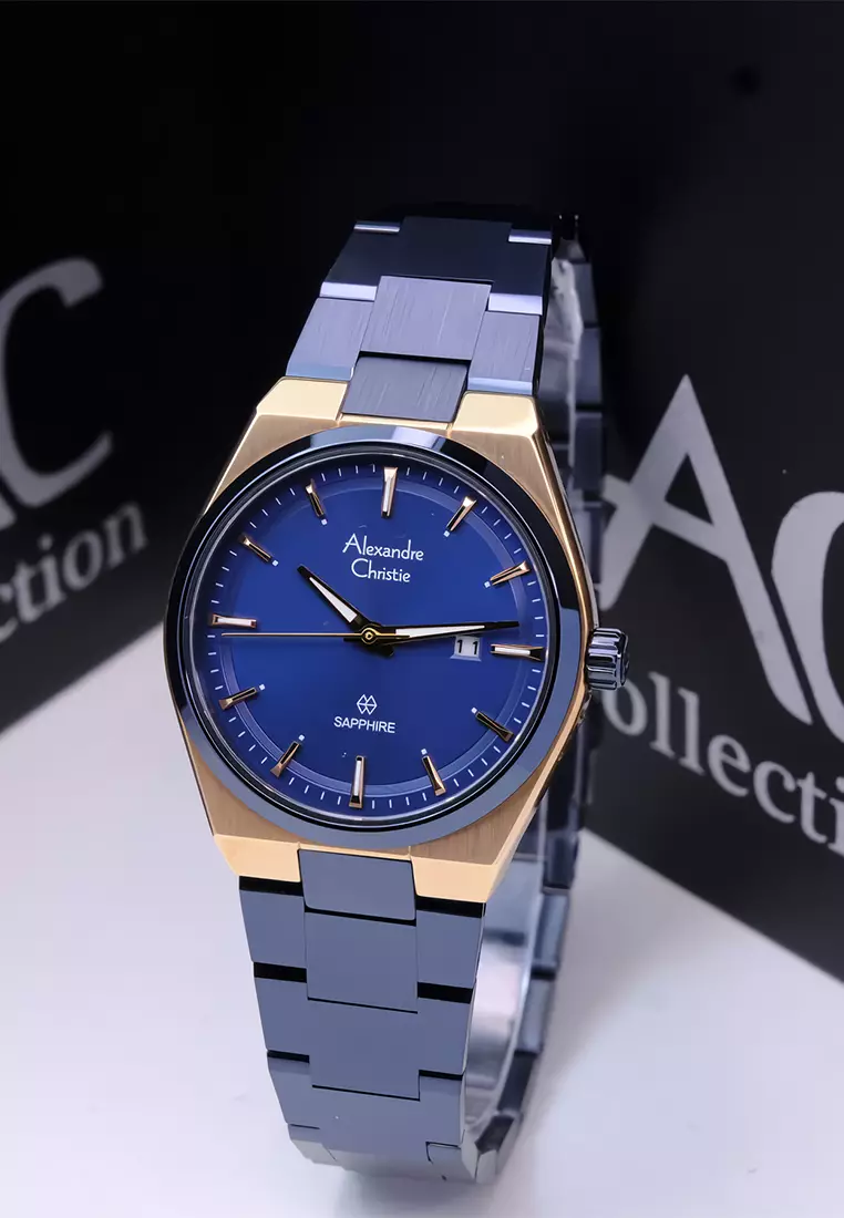 Alexandre Christie Sapphire Glass Jam Tangan Analog Wanita Rosegold Blue Stainless Steel - 8697 LDBURBU