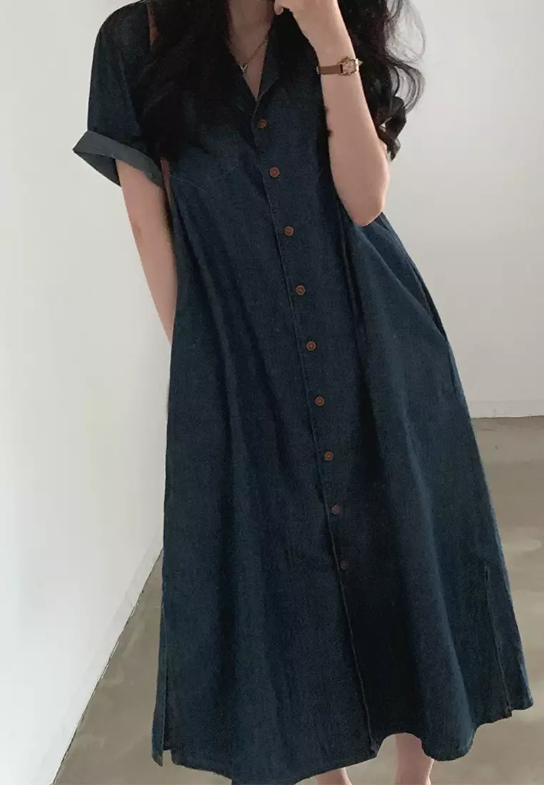 Retro style waist cinched short sleeved denim dress CA25032719DGBL