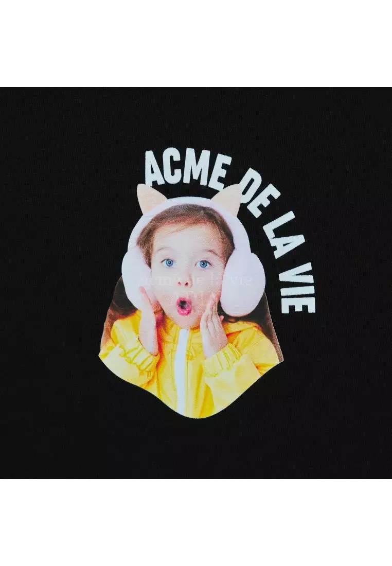 Mini Baby Face Cat Earplug Short Sleeve T-Shirt Black