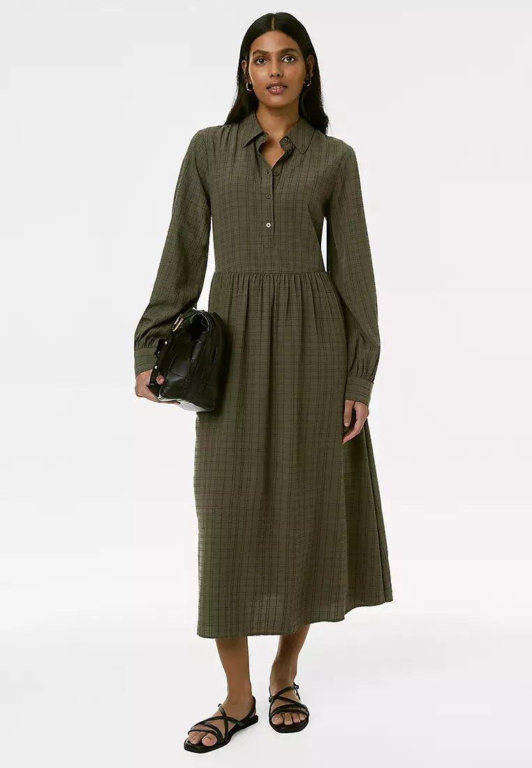 Textured Button Front Midi Shirt Dress
