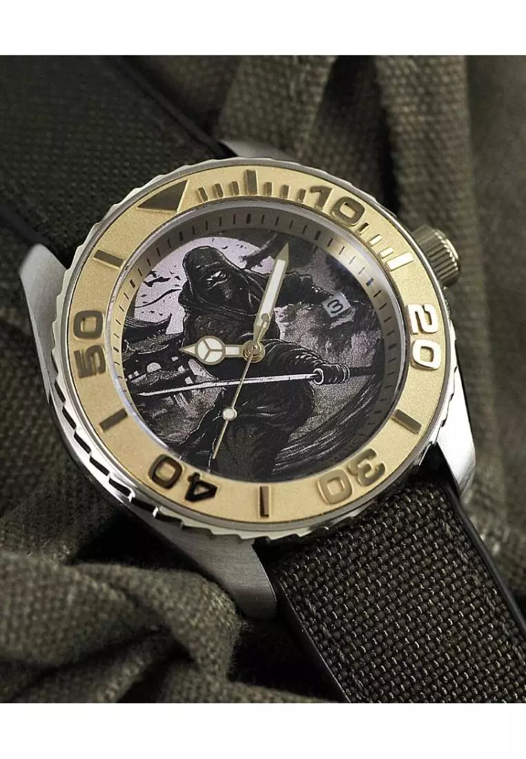 Aries Gold The Mirage Ninja Series Dial Green Fabric Strap Men Watch G 8040 NIN-MIR