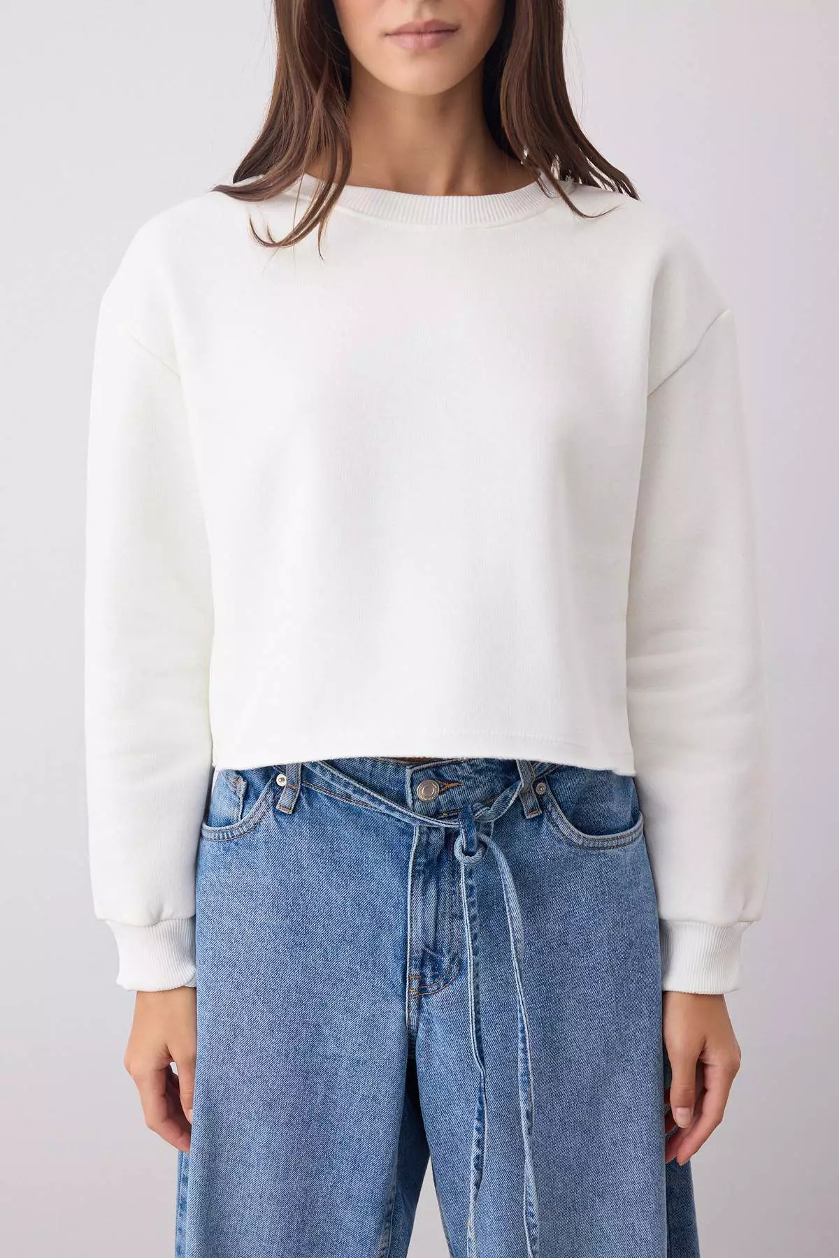 Ecru Thick Fleece Inside Crew Neck Crop Knitted Sweatshirt