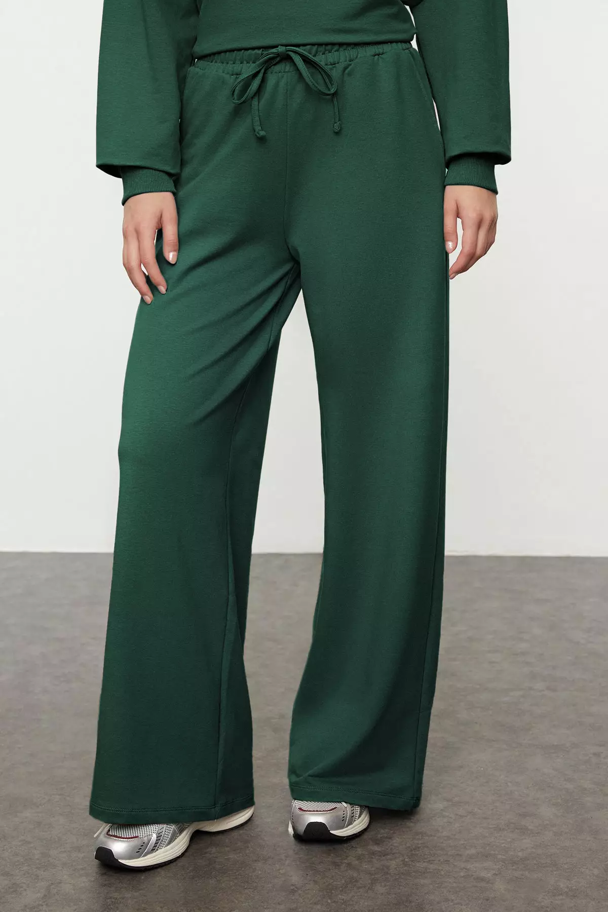 Emerald Green Wide Leg Knitted Sweatshirt And Bottom Tracksuit Set Relaxed Fit