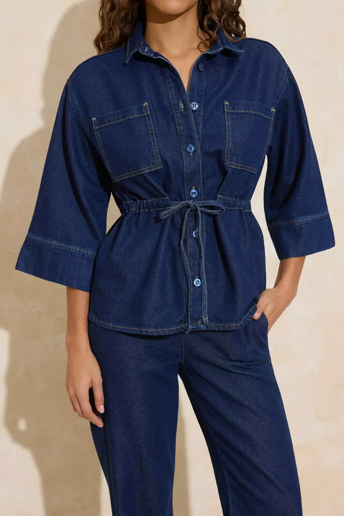 Dark Blue Waist-Tied Tencel Blended Denim Shirt Twoss26Go6