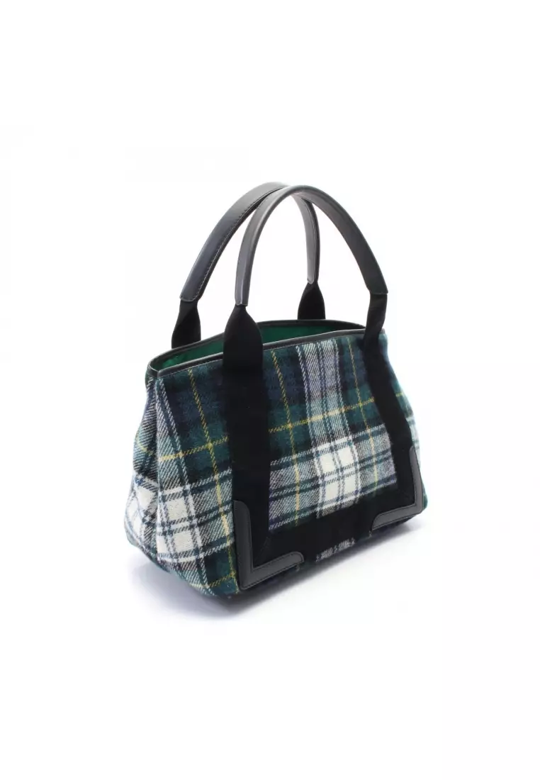 Pre-Loved BALENCIAGA NAVY CABAS S navy hippopotamus Handbag tote bag wool leather green black multicolor