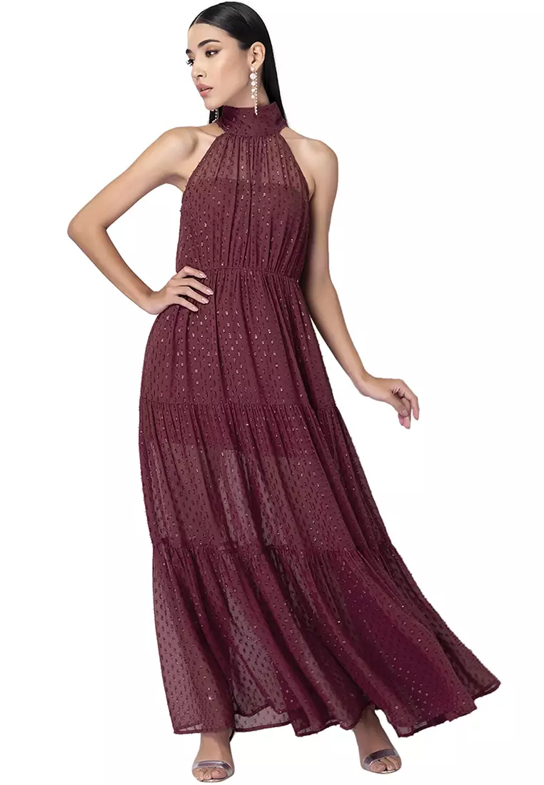 Maroon halter neck dress deals