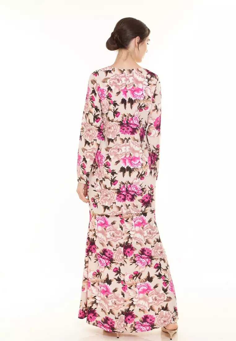 Rina Printed Kurung in Beige Pink Rose Flower