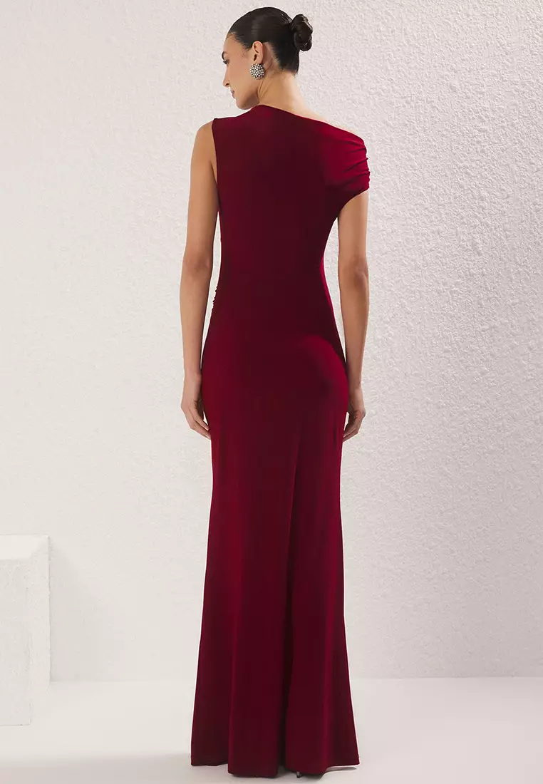 Burgundy Body-fitting Stone Accessory Woven Long Elegant Evening Night Graduation Dress TPRSS24AE00224