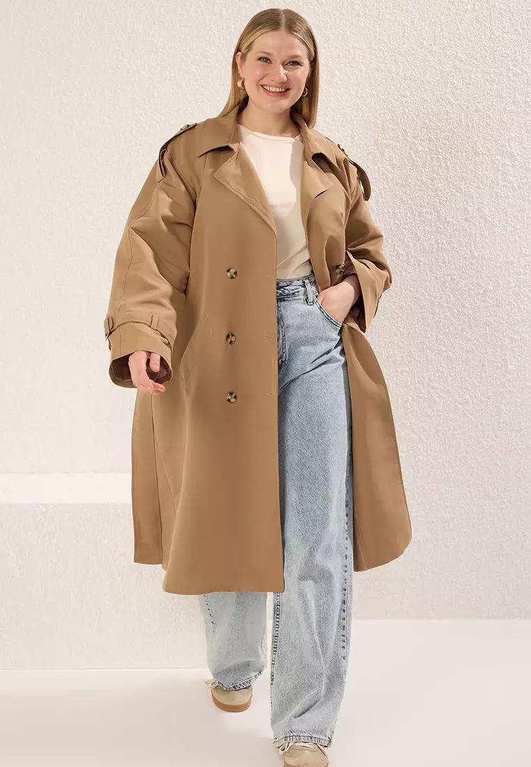 Beige Long Oversize Plus Size Trench Coat TBBSS25BM00002