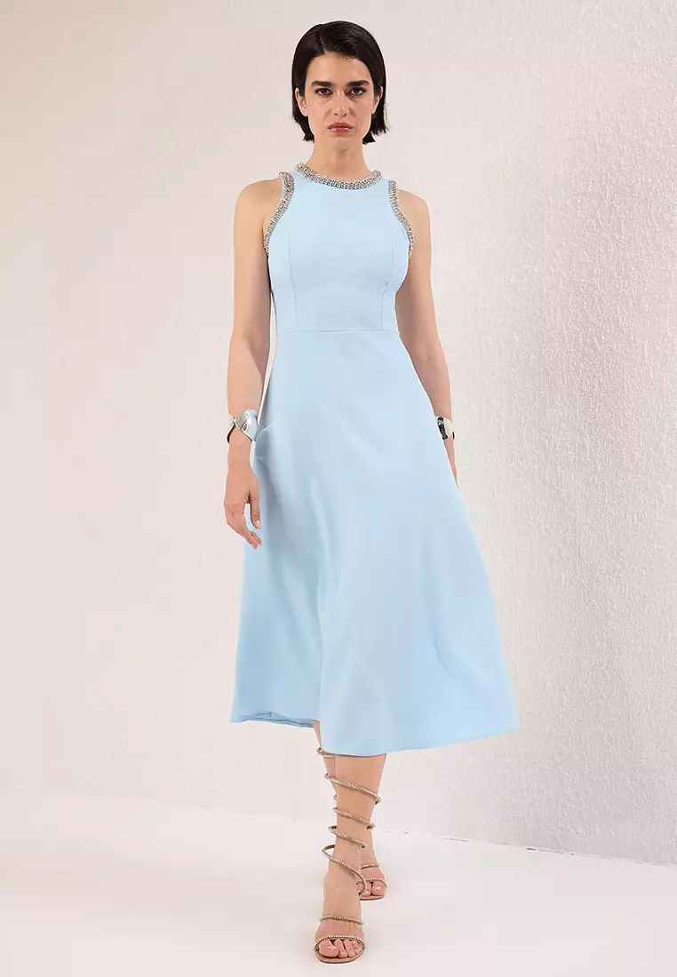 Blue A Line Evening Dress With Stone Accessories Night Homecoming Dress