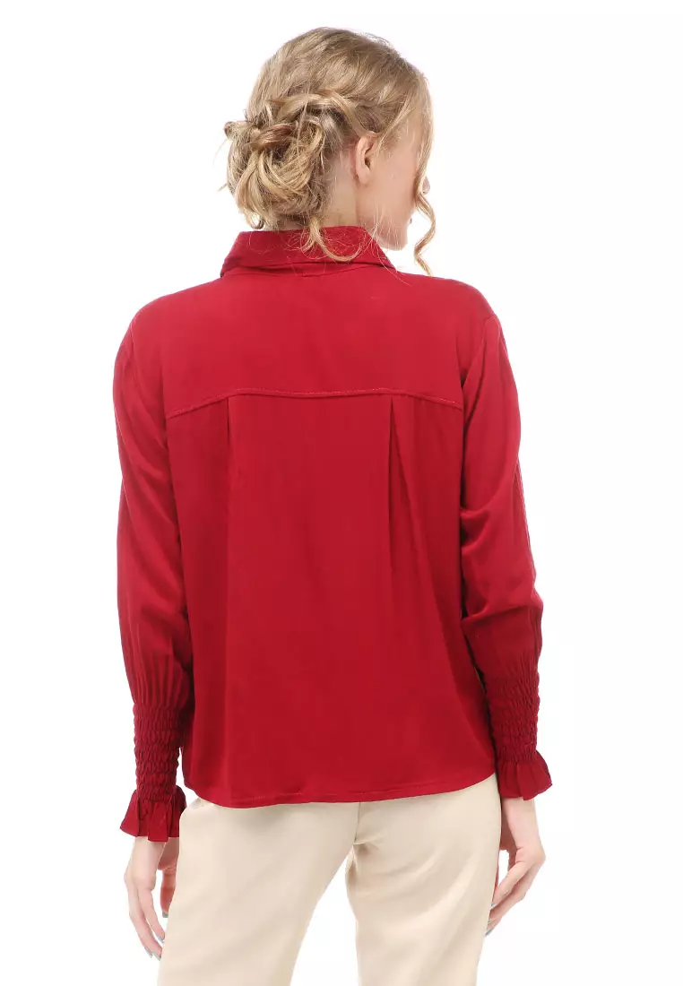 Holly Kemeja Atasan Kasual Wanita Model Lengan Karet Material Twill rayon ORIGINAL - Maroon