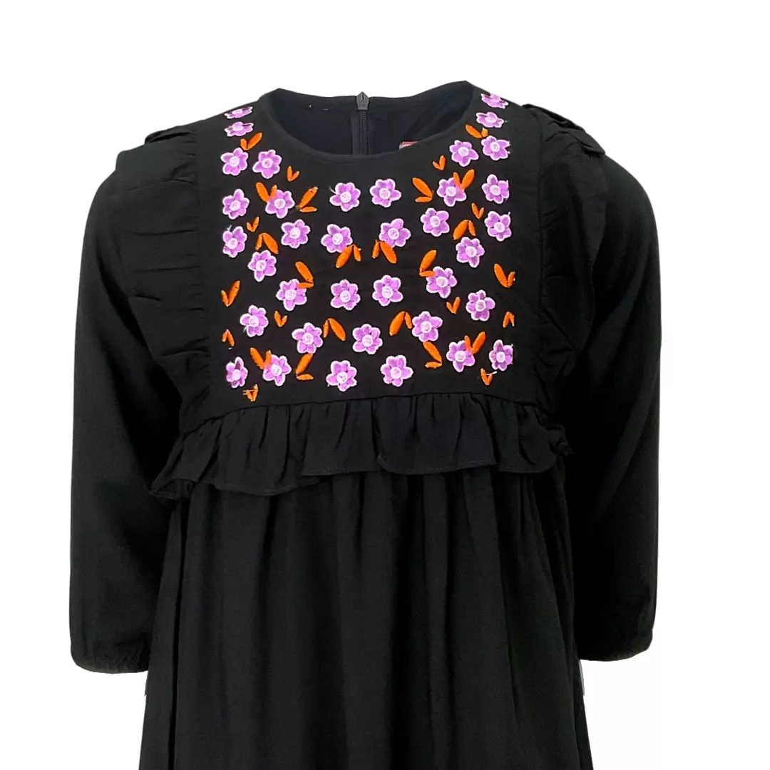 Pingu Gamis + Hijab Anak Perempuan Bordir Flower Hitam Q95400130