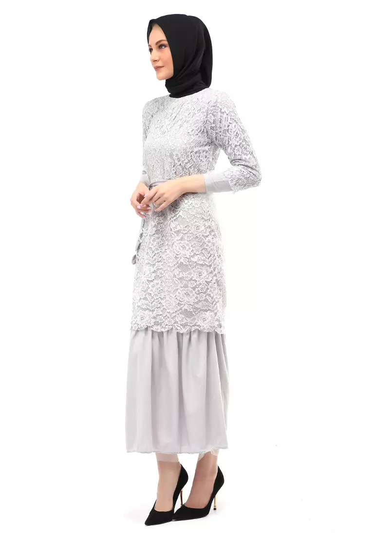 Selena Gamis Muslimah Wanita Motif Brukat Long Sleeve Regular Fit - Abu