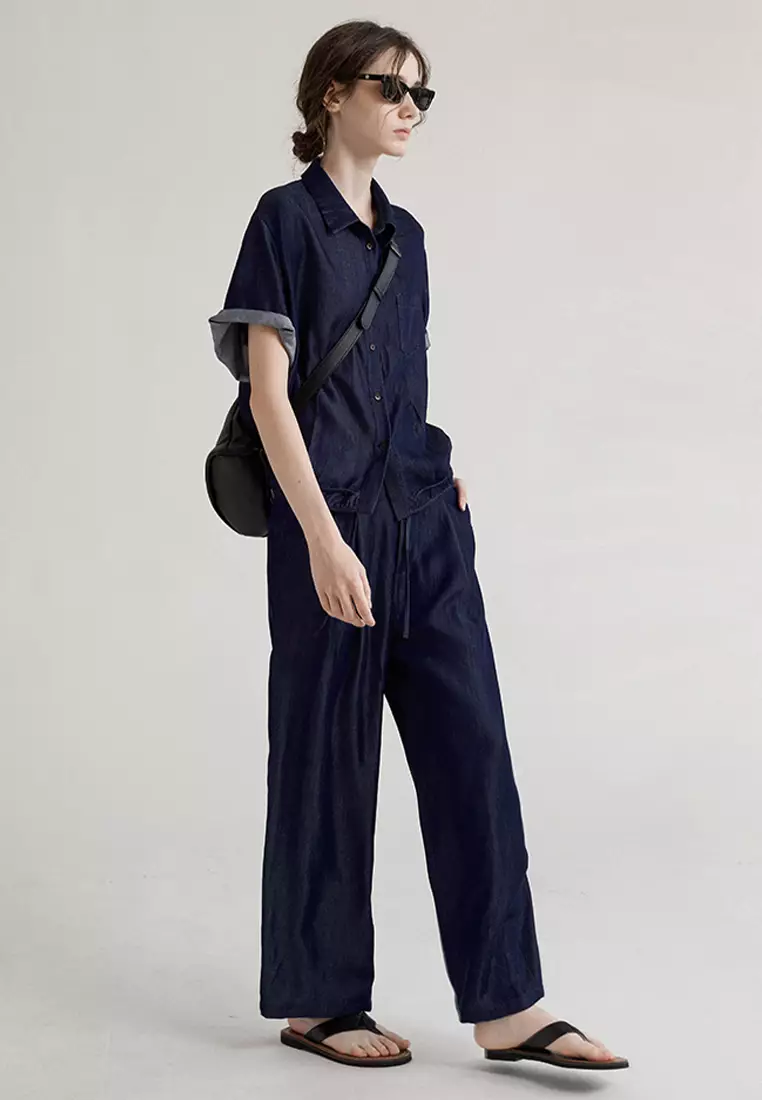 Retro denim loose pants short sleeved shirt set CA24092310BK2