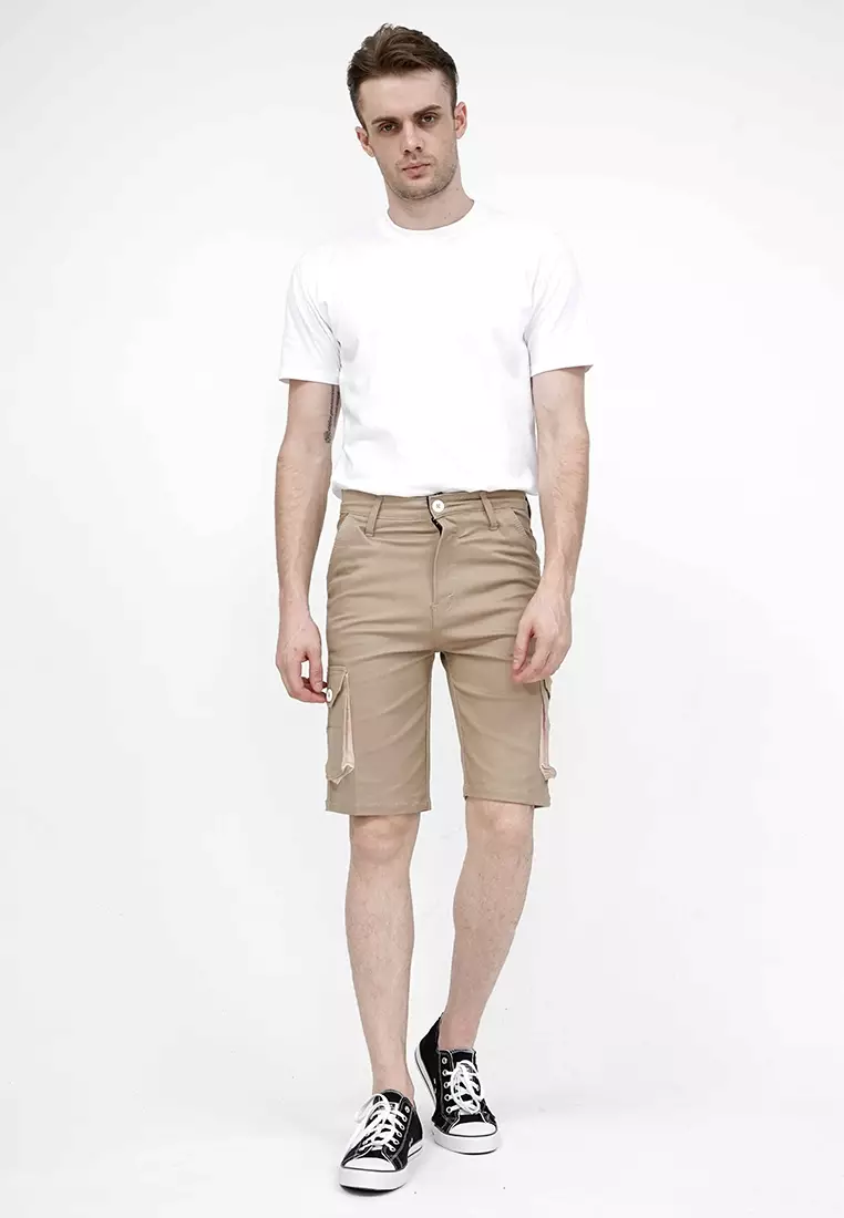 Celana pendek kargo pria cargo pants slim fit melar stretch houseofcuff Krim tua