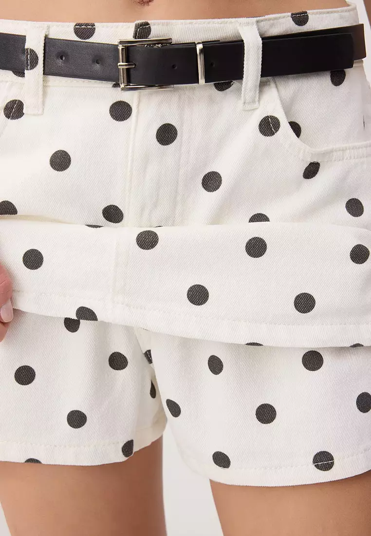 Multi-Colored Polka Dot Patterned Belt Detailed Back Skirt-Looking Denim Shorts Skirt Twoaw26Sr2