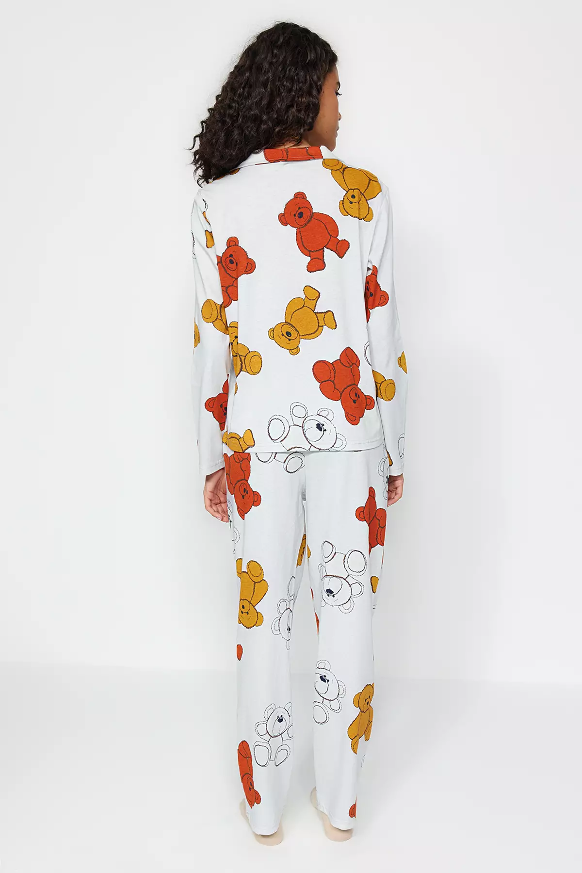 Gray Melange 100% Cotton Teddy Bear Shirt-Pants Knitted Pajama Set