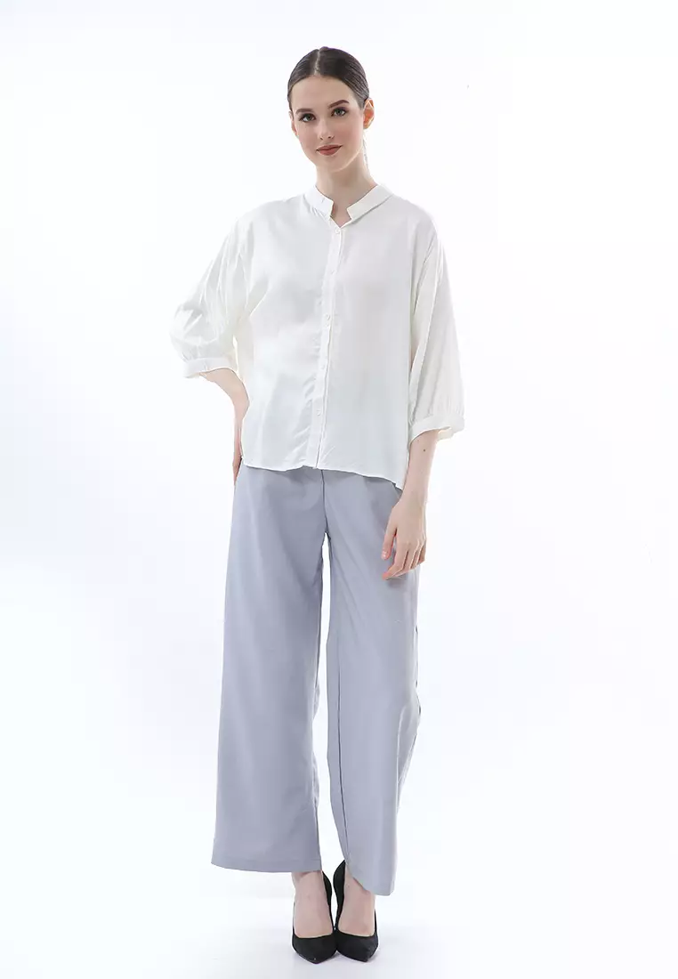 Ghita Kemeja Atasan Wanita Motif Polos Long Sleeve High Quality - Putih Gading
